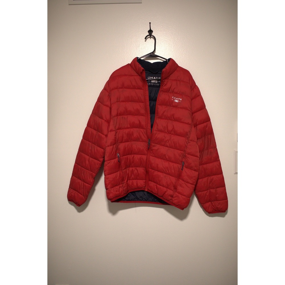 Chaps Mens Red Puffer Jacket Quilted Full Zip Mock Neck Coat Large
